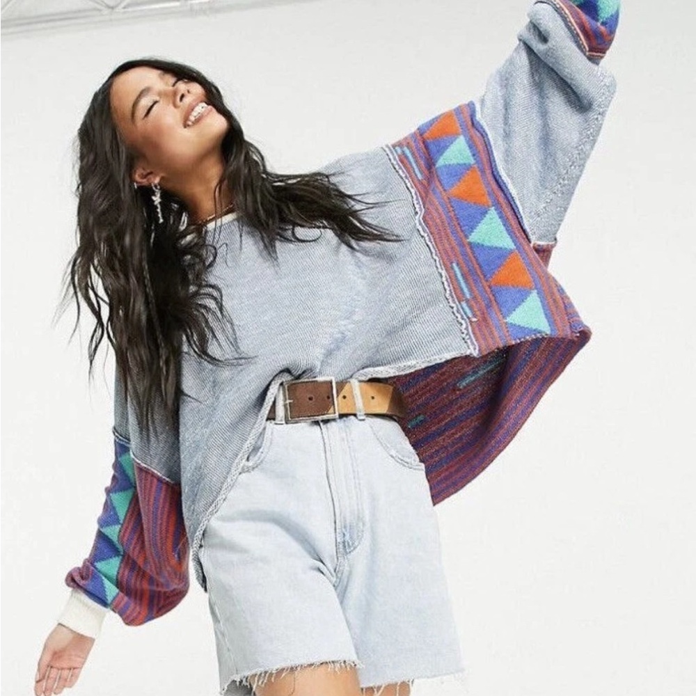 Free People Fabulous Patchwork Pullover Blue size… - image 1